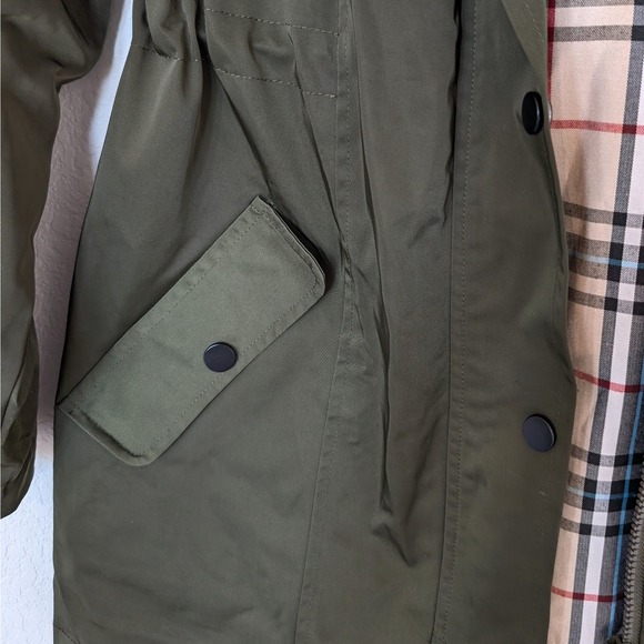 Saphirose Long Anorak Jacket Plaid Lined Olive Green Size S - Picture 9 of 9